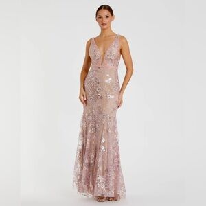 Mac Duggal Pink Floral Embellished Sleeveless Plunge Neck Gown